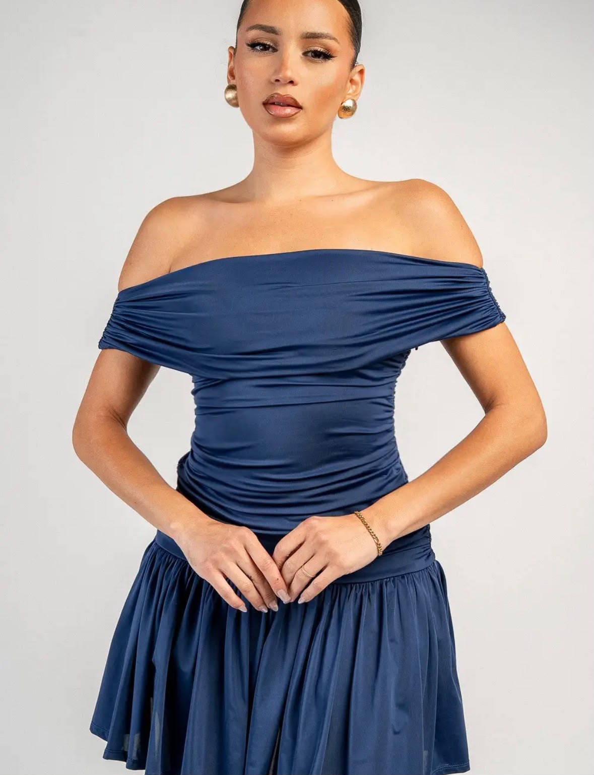 Women's Mini Dress Blue Off Shoulder Elegant Flared Skirt Party Cocktail Dress