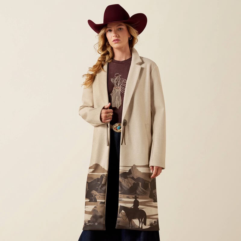 Women's Beige Western Long Coat Cowboy Horse Landscape Print Cowgirl Jacket