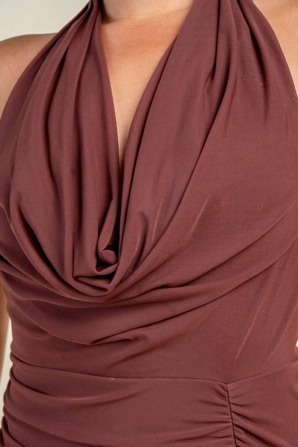 PD79743K DEEP PLUNGE COWL HALTER DRAPED MIDI DRESS