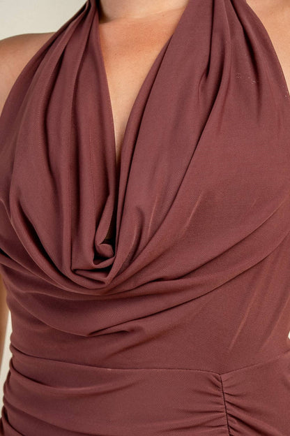 PD79743K DEEP PLUNGE COWL HALTER DRAPED MIDI DRESS