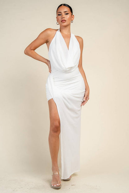 YD30274K METALLIC MESH WITH DEEP COWL DRESS