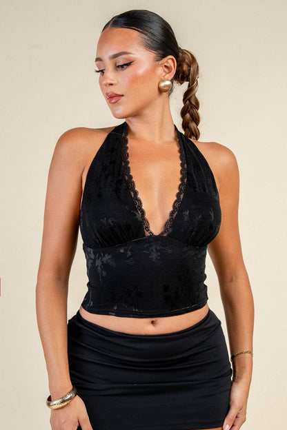 PT45817BST LACE EDGE HALTER NECK TOP