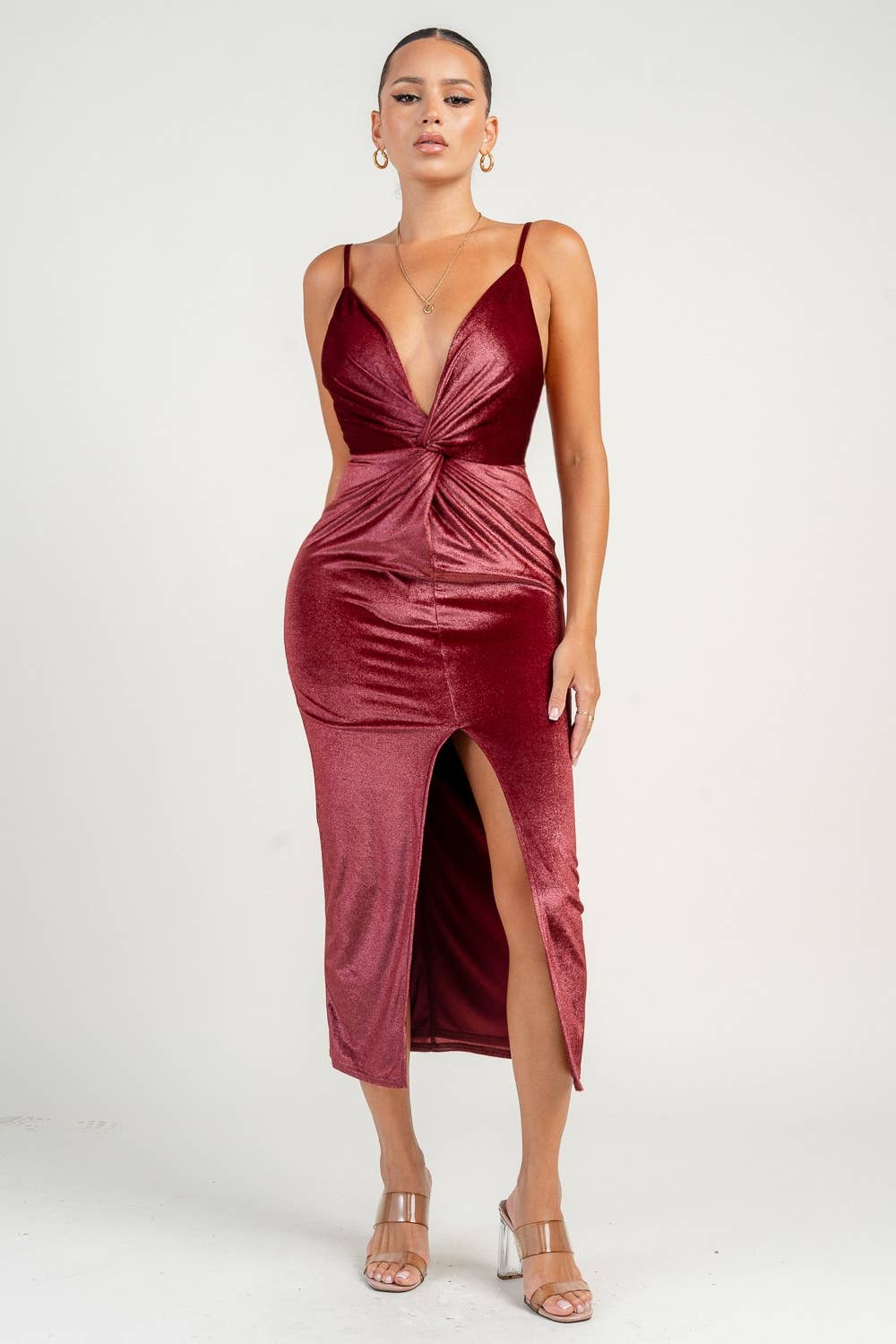 HD30315K / FRONT TWIST SPLIT LEG MIDI DRESS