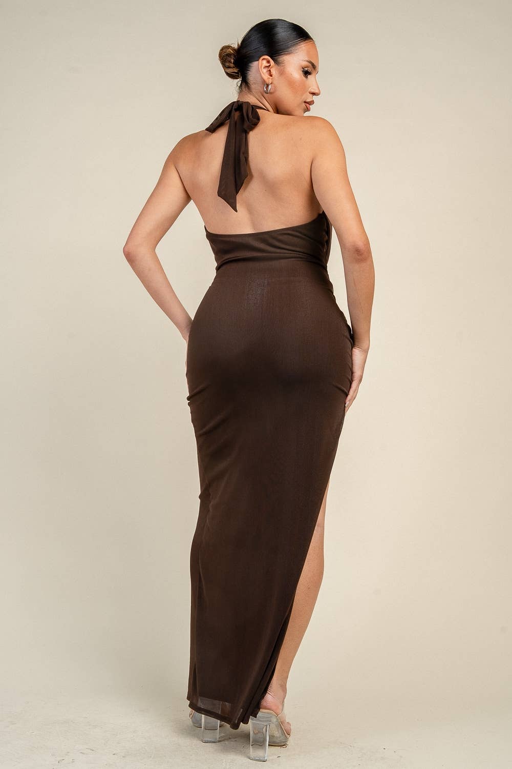 YD30274K METALLIC MESH WITH DEEP COWL DRESS