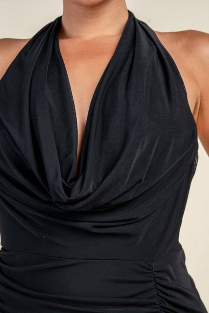 PD79743K DEEP PLUNGE COWL HALTER DRAPED MIDI DRESS