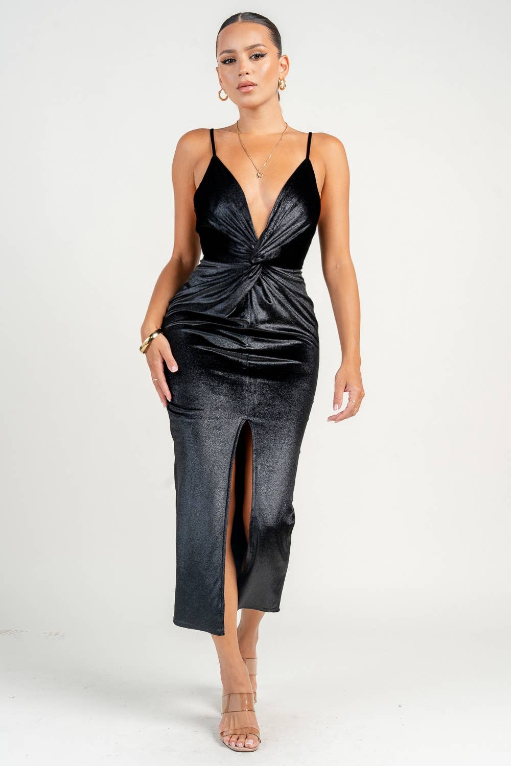 HD30315K / FRONT TWIST SPLIT LEG MIDI DRESS