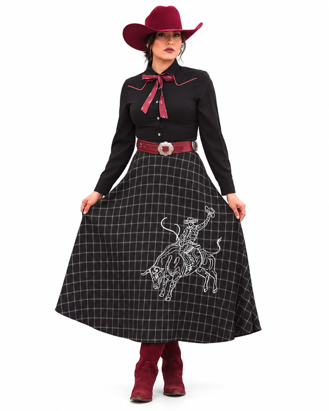 Women Black flannel Cowboy contrast embroidered western skirt