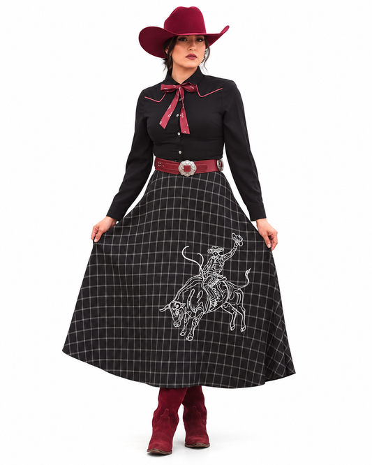 Women Black flannel Cowboy contrast embroidered western skirt