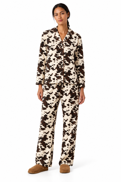 Women's Cow Print 2-Piece Pajama Set – Long Sleeve Button-Down Sleepwear &amp; Lounge Pants