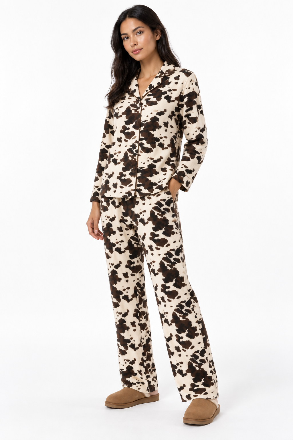 Women's Cow Print 2-Piece Pajama Set – Long Sleeve Button-Down Sleepwear &amp; Lounge Pants