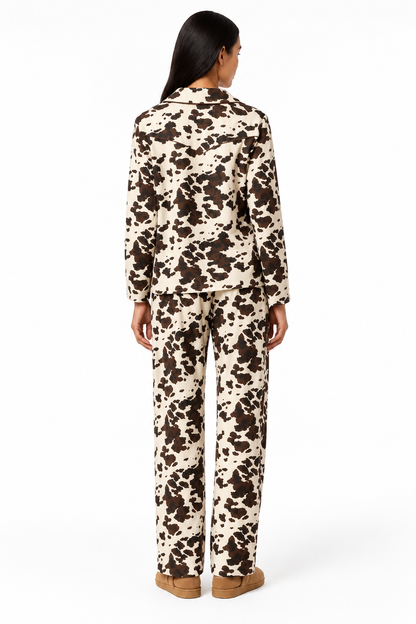 Women's Cow Print 2-Piece Pajama Set – Long Sleeve Button-Down Sleepwear &amp; Lounge Pants