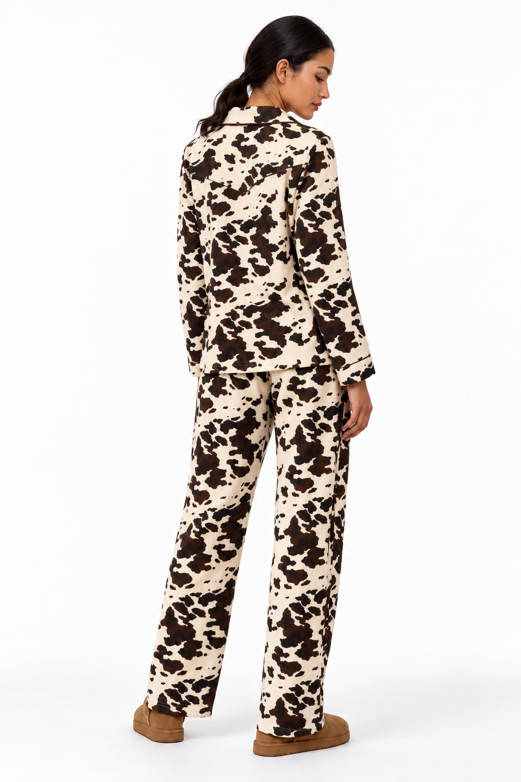 Women's Cow Print 2-Piece Pajama Set – Long Sleeve Button-Down Sleepwear &amp; Lounge Pants