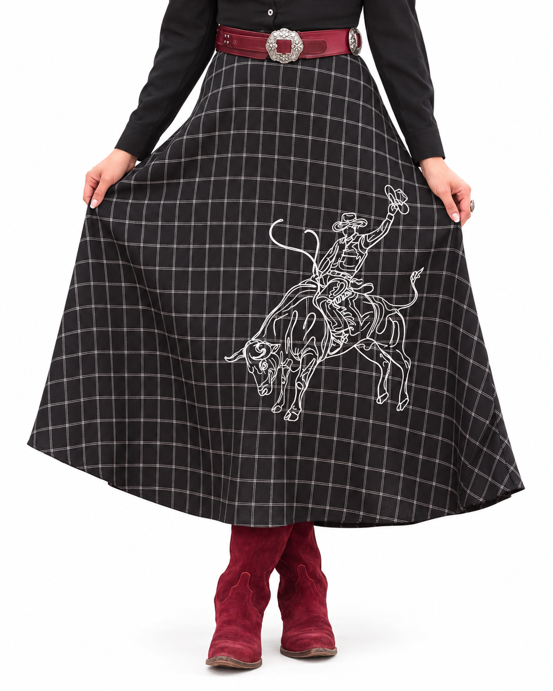 Women Black flannel Cowboy contrast embroidered western skirt