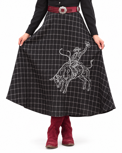 Women Black flannel Cowboy contrast embroidered western skirt
