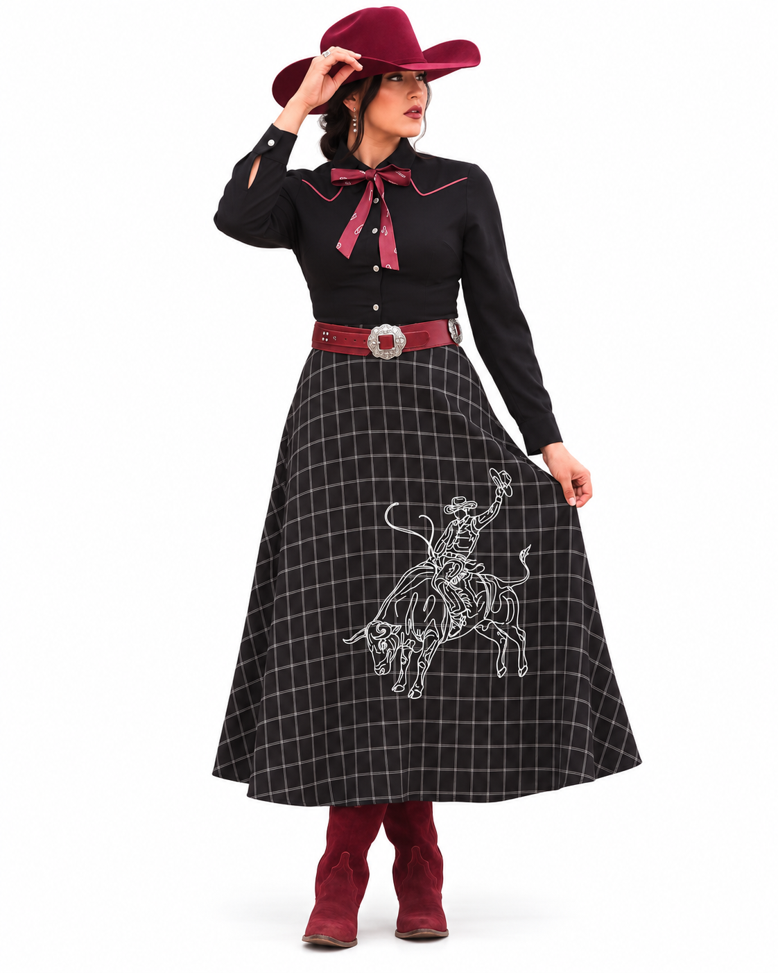 Women Black flannel Cowboy contrast embroidered western skirt
