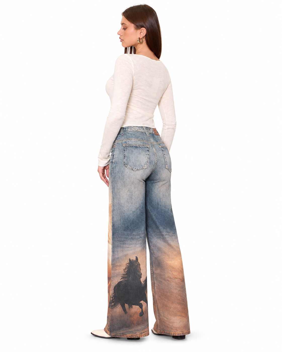 Women's Western Horse Print Wide Leg Jeans – High Waisted Vintage Denim Pants