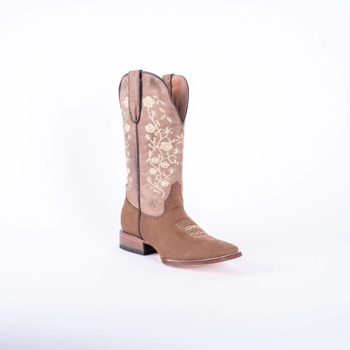 WOMEN’S TURN-IN CRAZY BROWN COWGIRL BOOTS WITH FLORAL EMBROIDERY TOP