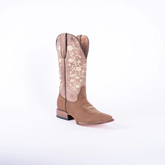 WOMEN’S TURN-IN CRAZY BROWN COWGIRL BOOTS WITH FLORAL EMBROIDERY TOP