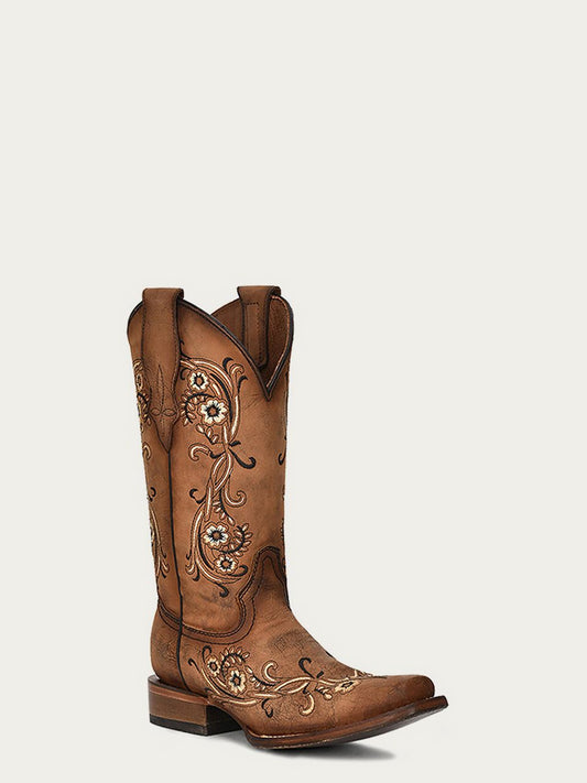 WOMEN'S SAND FLORAL EMBROIDERY BROWN SQUARE TOE COWBOY BOOT