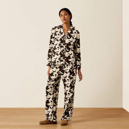 Women's Cow Print 2-Piece Pajama Set – Long Sleeve Button-Down Sleepwear &amp; Lounge Pants