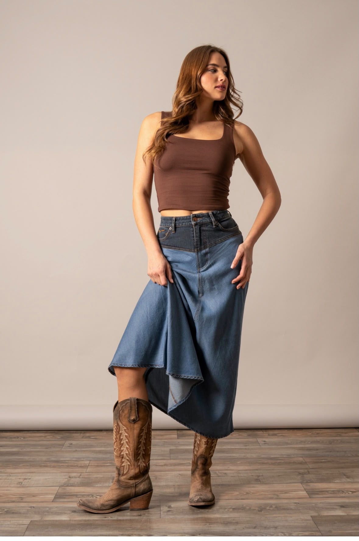 Women's Ladonna Western Denim Maxi Skirt – High-Waisted Asymmetrical Cowgirl Skirt