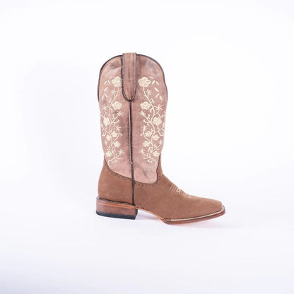 WOMEN’S TURN-IN CRAZY BROWN COWGIRL BOOTS WITH FLORAL EMBROIDERY TOP