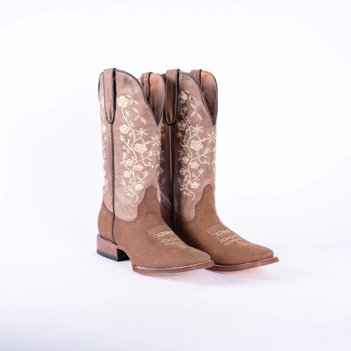 WOMEN’S TURN-IN CRAZY BROWN COWGIRL BOOTS WITH FLORAL EMBROIDERY TOP