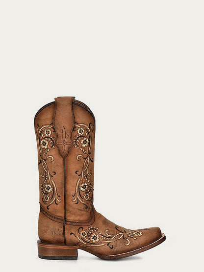 WOMEN'S SAND FLORAL EMBROIDERY BROWN SQUARE TOE COWBOY BOOT