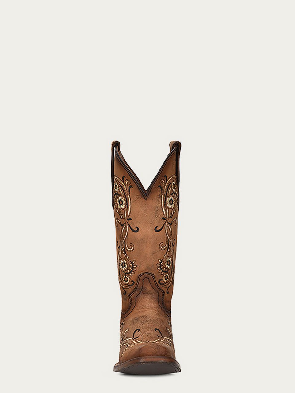 WOMEN'S SAND FLORAL EMBROIDERY BROWN SQUARE TOE COWBOY BOOT