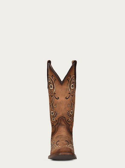 WOMEN'S SAND FLORAL EMBROIDERY BROWN SQUARE TOE COWBOY BOOT