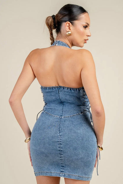 Halter Neck Grommet Detail Streth Denim Mini Dress