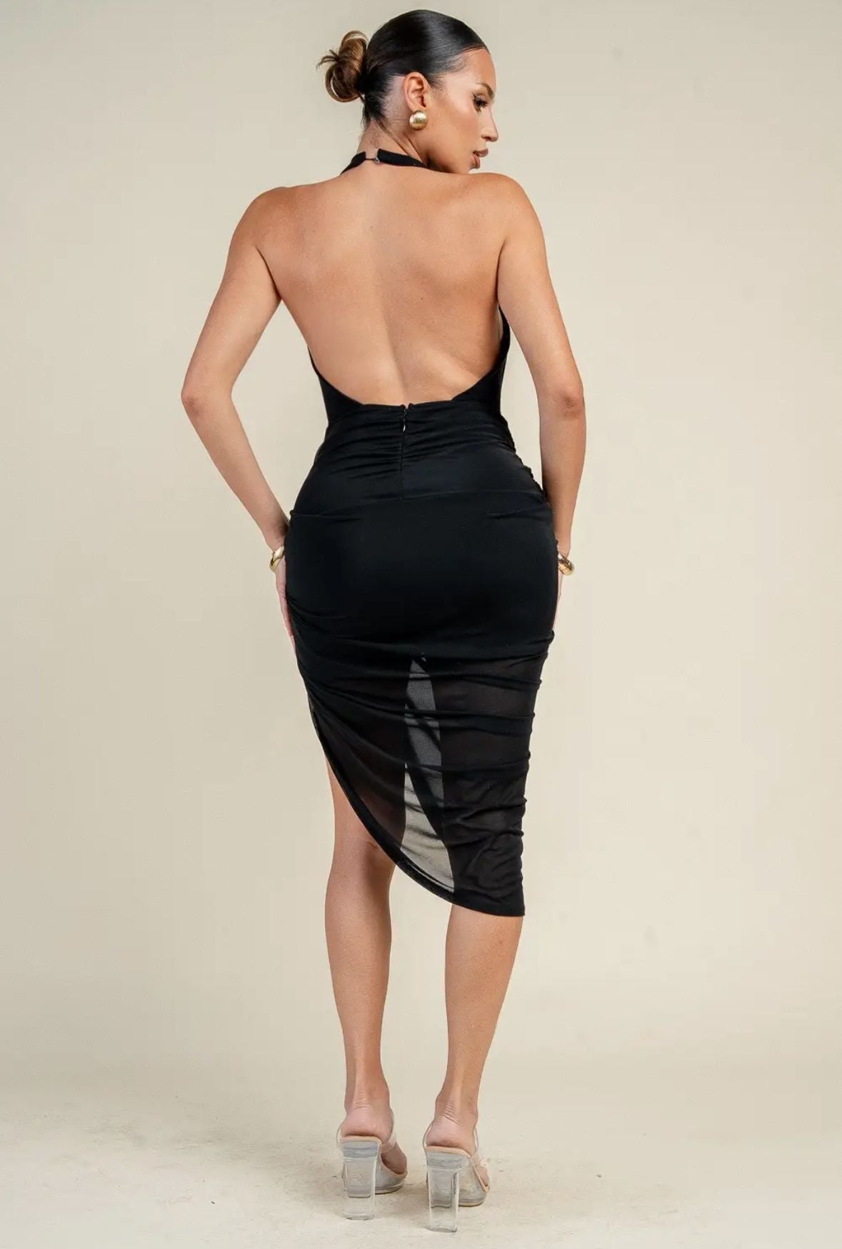 Deep Plunge Cowl Halter Draped Midi Dress