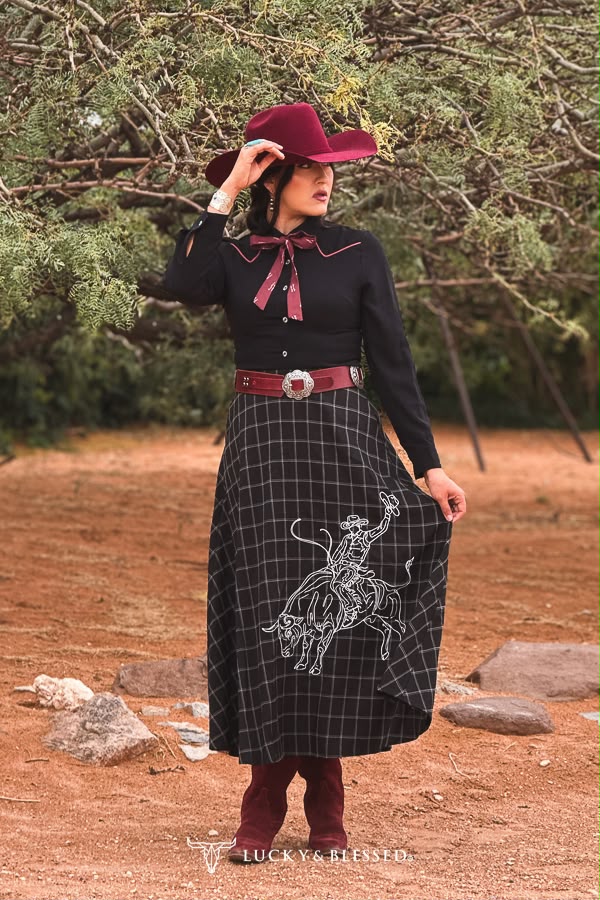 Women Black flannel Cowboy contrast embroidered western skirt