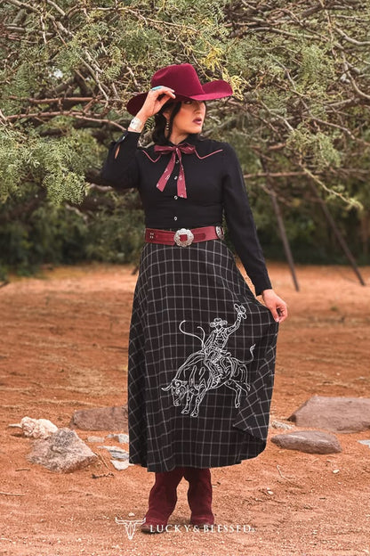 Women Black flannel Cowboy contrast embroidered western skirt
