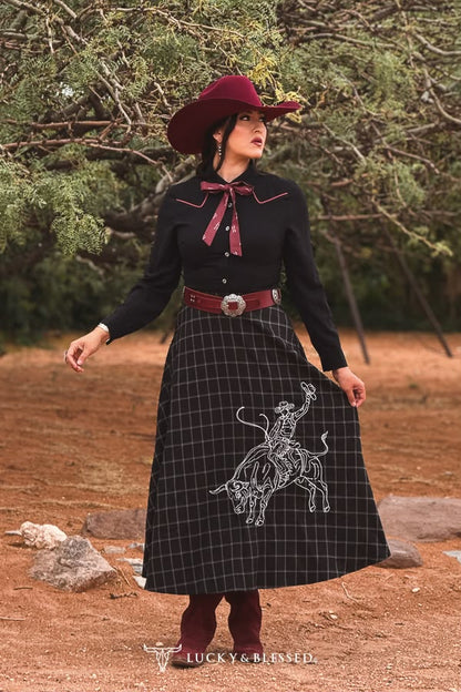 Women Black flannel Cowboy contrast embroidered western skirt