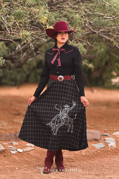 Women Black flannel Cowboy contrast embroidered western skirt