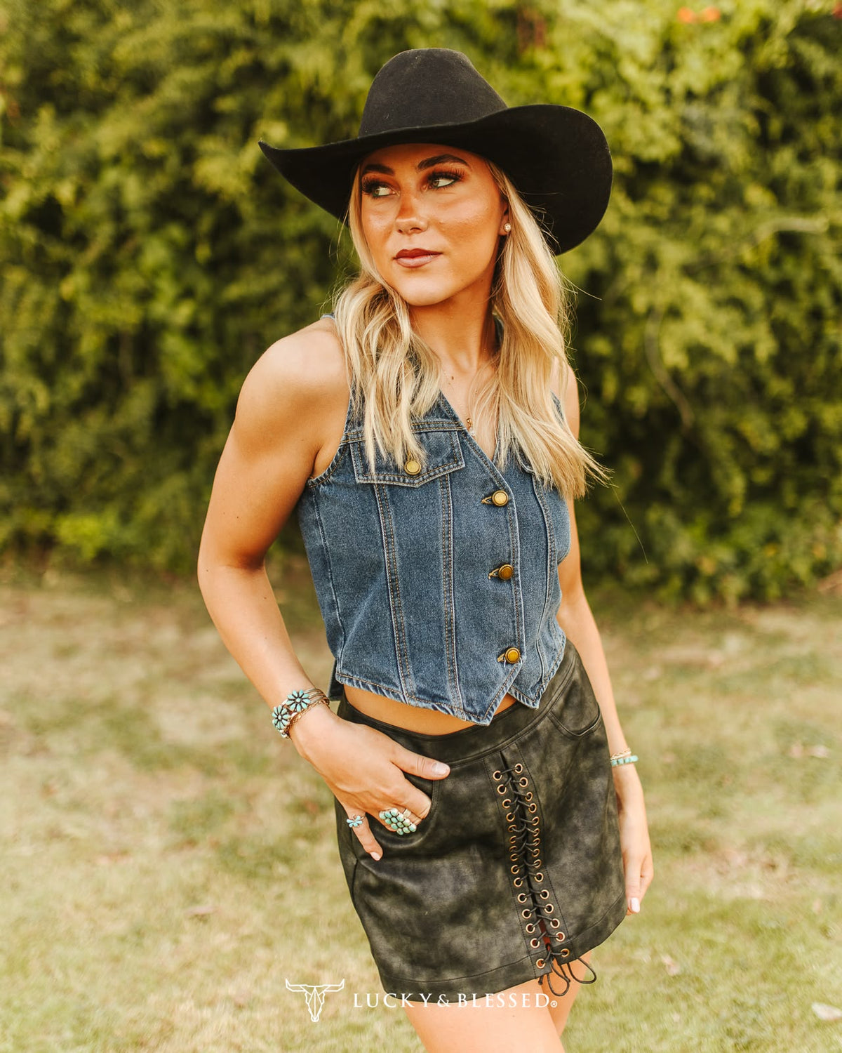 Women’s Western Lace-Up Mini Skirt – Black Faux Leather Cowgirl Style