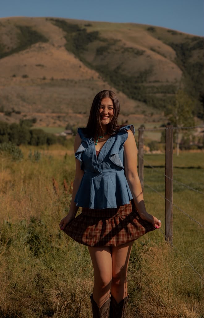 Women’s Western Plaid Ruffle Mini Skirt – Brown Cowgirl Country Style