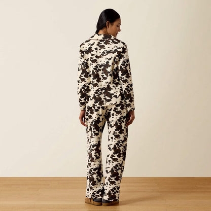 Women's Cow Print 2-Piece Pajama Set – Long Sleeve Button-Down Sleepwear &amp; Lounge Pants