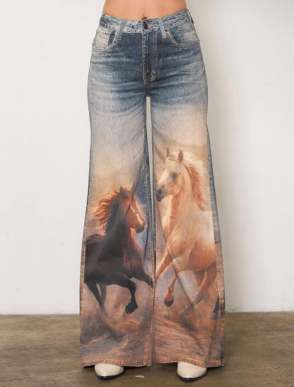Women's Western Horse Print Wide Leg Jeans – High Waisted Vintage Denim Pants