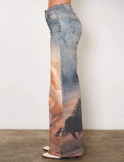 Women's Western Horse Print Wide Leg Jeans – High Waisted Vintage Denim Pants