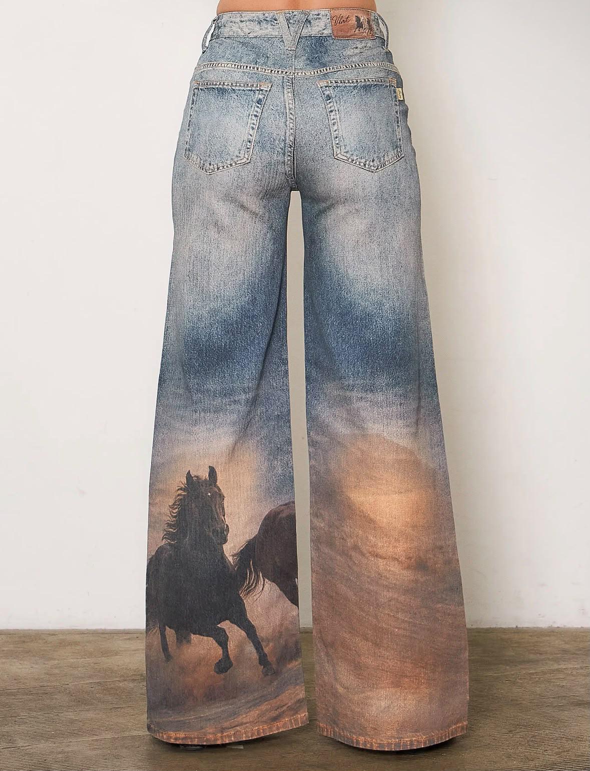 Women's Western Horse Print Wide Leg Jeans – High Waisted Vintage Denim Pants