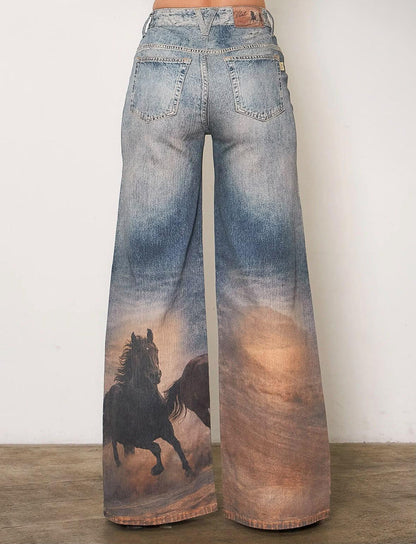 Women's Western Horse Print Wide Leg Jeans – High Waisted Vintage Denim Pants