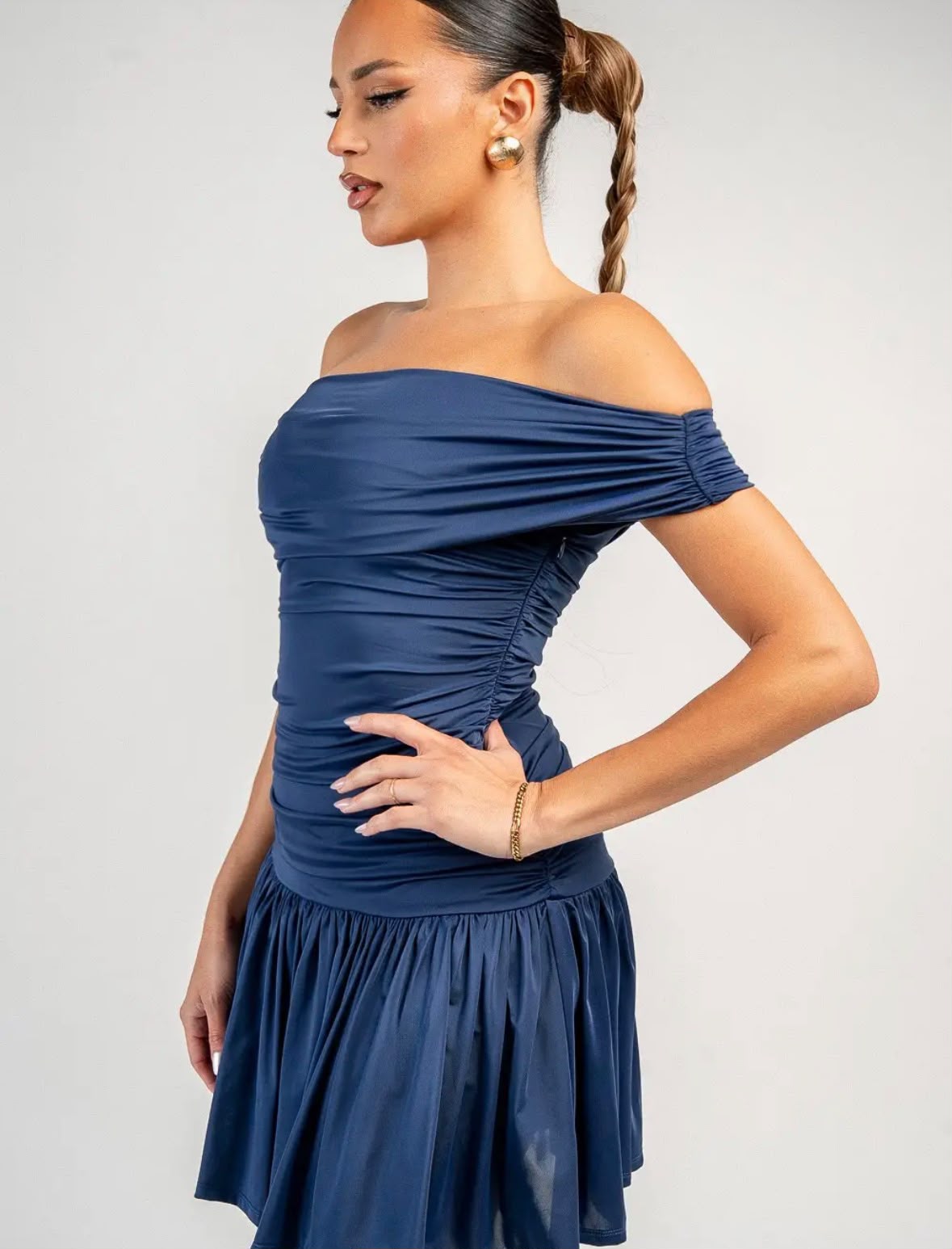 Women's Mini Dress Blue Off Shoulder  Elegant Flared Skirt Party Cocktail Dress