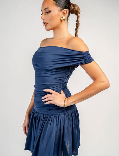 Women's Mini Dress Blue Off Shoulder  Elegant Flared Skirt Party Cocktail Dress