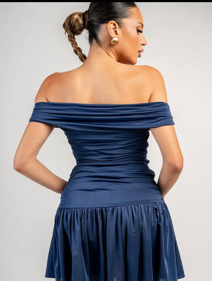 Women's Mini Dress Blue Off Shoulder  Elegant Flared Skirt Party Cocktail Dress