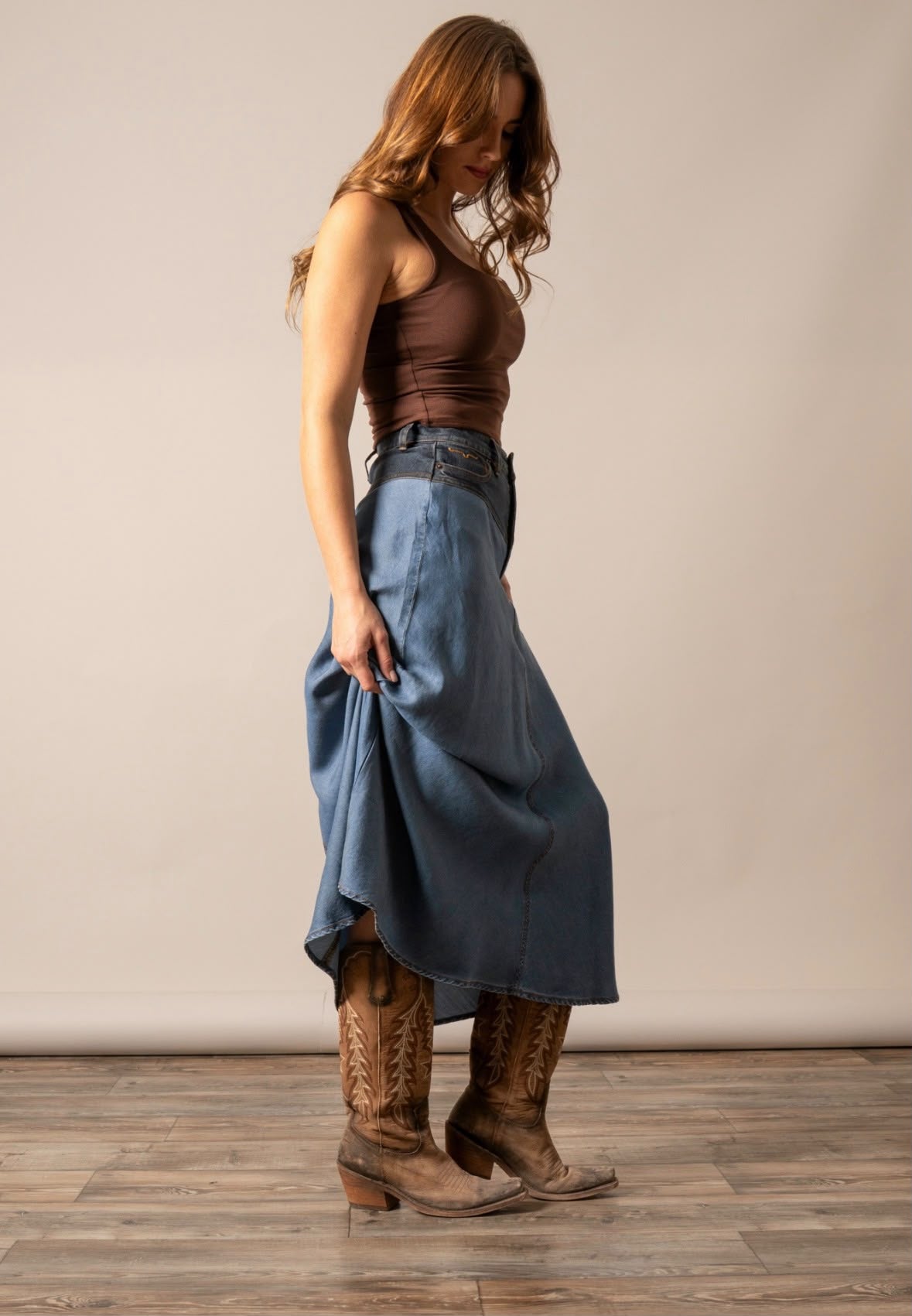 Women's Ladonna Western Denim Maxi Skirt – High-Waisted Asymmetrical Cowgirl Skirt