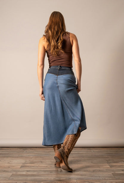 Women's Ladonna Western Denim Maxi Skirt – High-Waisted Asymmetrical Cowgirl Skirt