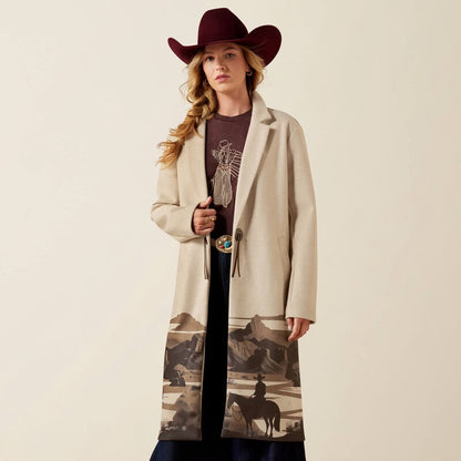 Women's Beige Western Long Coat Cowboy Horse Landscape Print Cowgirl Jacket