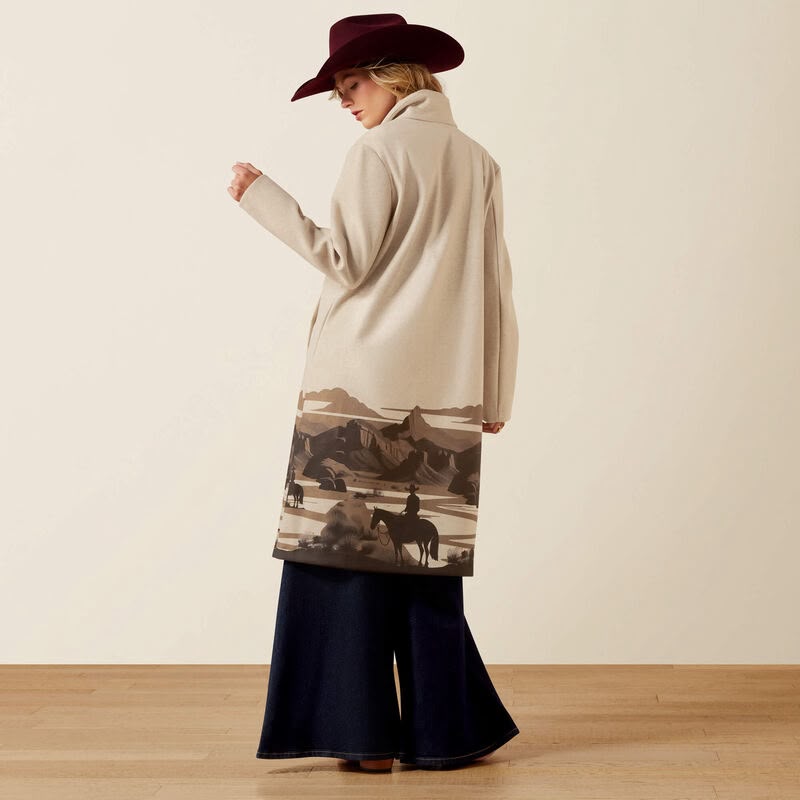 Women's Beige Western Long Coat Cowboy Horse Landscape Print Cowgirl Jacket